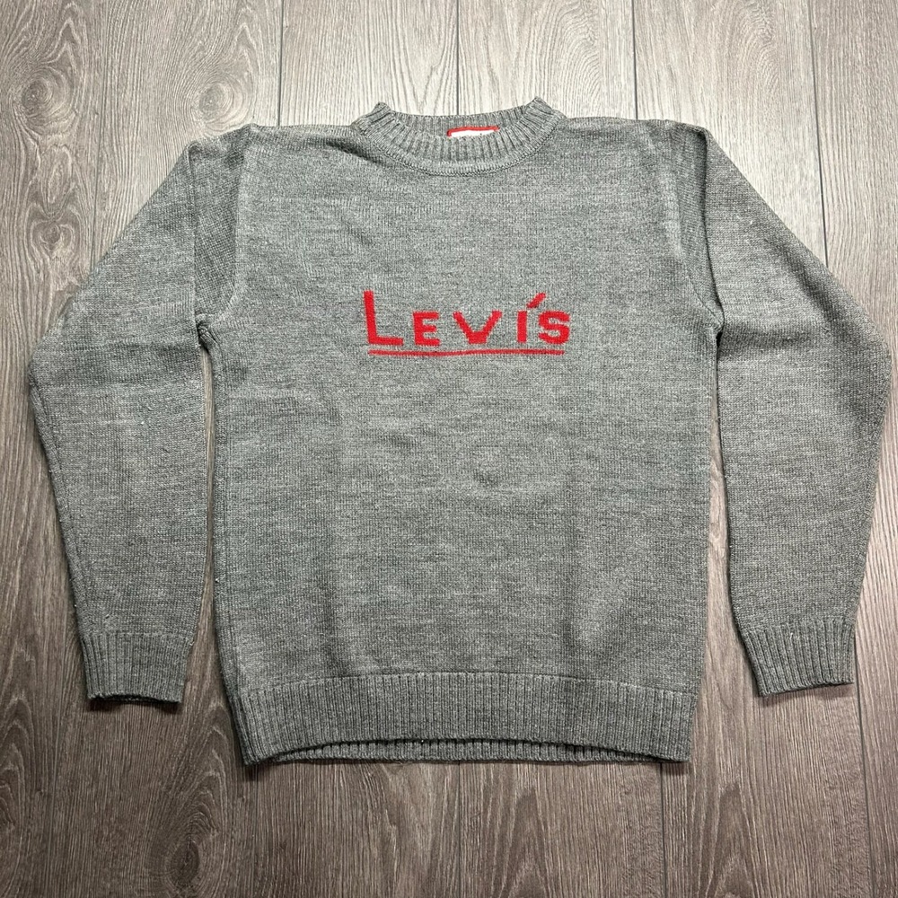 Vintage Levis Mens Gray Knit Medium Crewneck Sweater Red Logo Rare 1990s